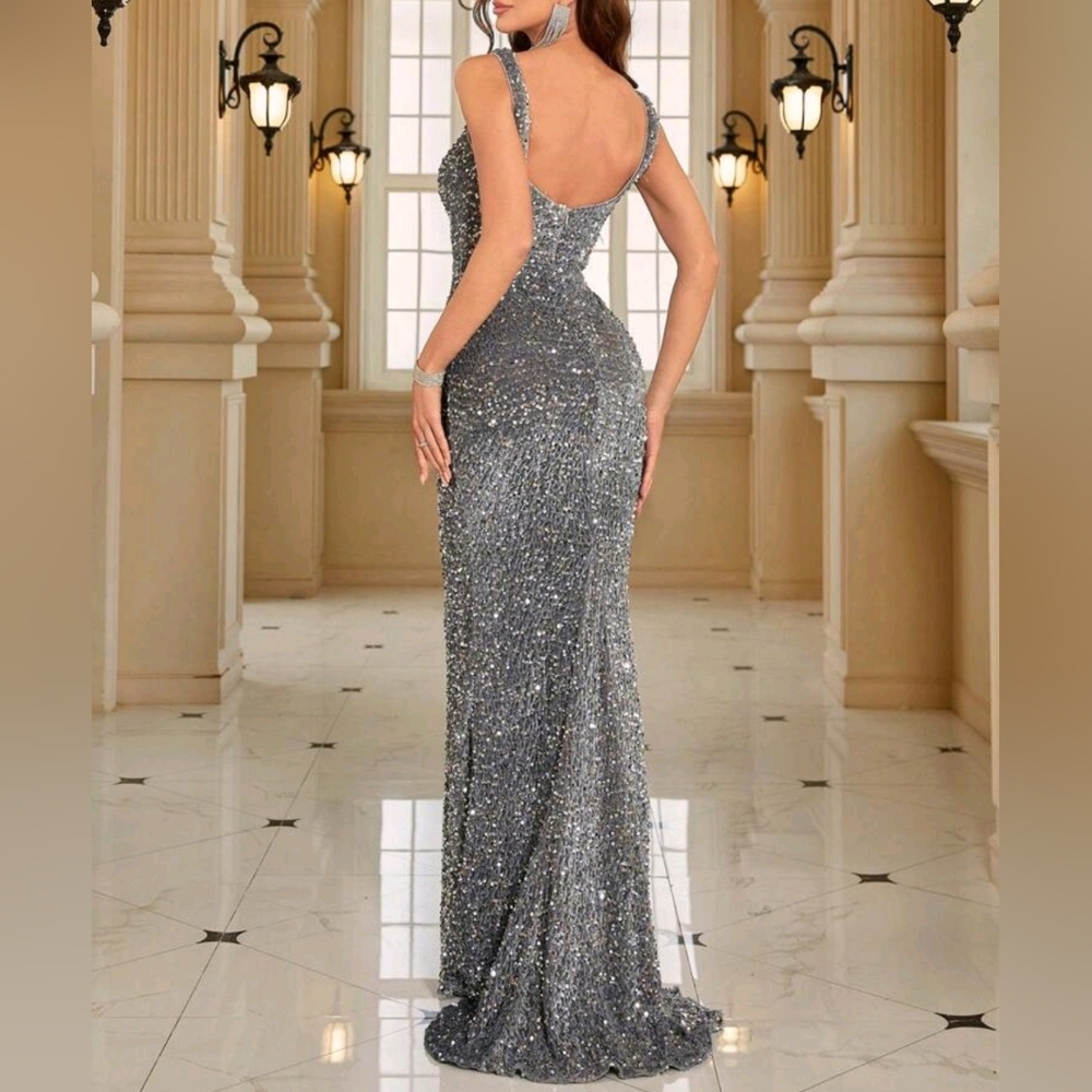 New Glam Sequin Velvet Bodycon Mermaid Train Gown Dress Formal Gray Silver - Picture 3 of 10